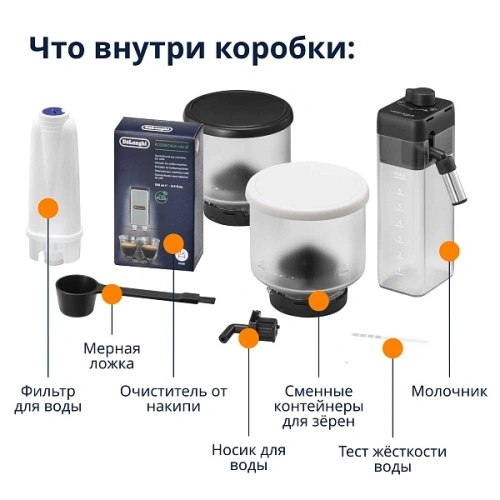 Кофемашина DeLonghi EXAM440.55.G Сменный контейнер для зёрен (2шт.); мерная ложка; полоска для определения жёсткости воды