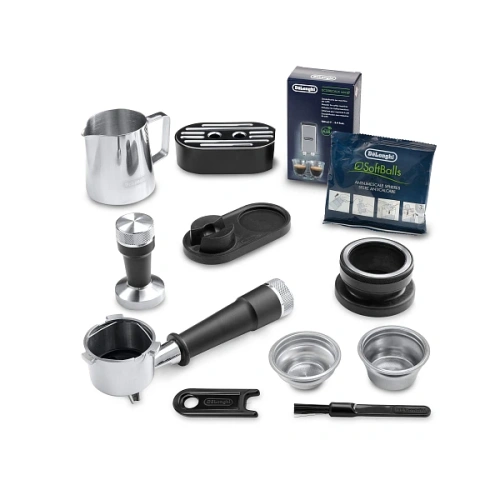 Рожковая кофеварка DeLonghi EC9155.MB Кофеварка, тэмпер, питчер(молочник), портафильтр, две корзины для портафильтра (12 мл, 25мл), подставка под чашку для приготовления эспрессо, игла и кисточка для очистки парового отверстия, декальцинатор