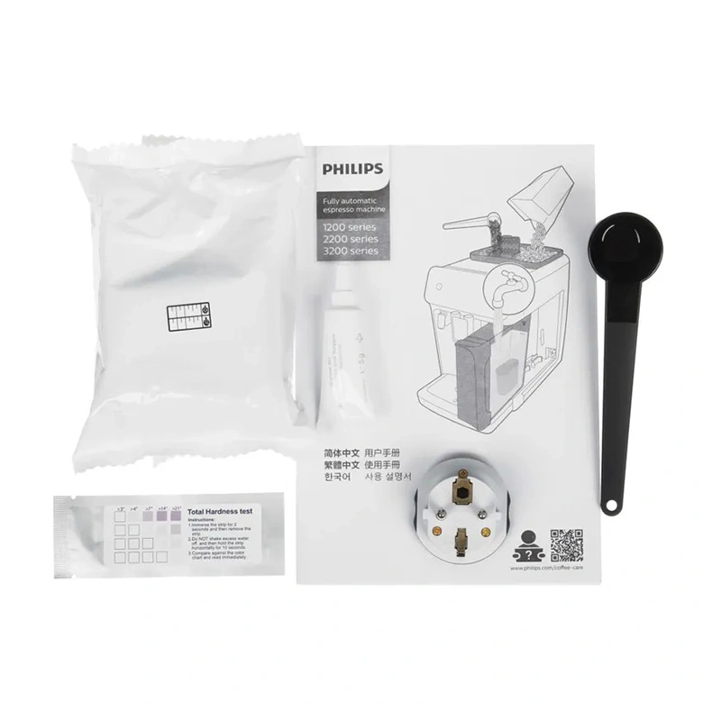 Кофемашина Philips EP2124/62 Series 2200 документация, мерная ложка, полоски для определения уровня жесткости воды, смазочная трубка, фильтр AquaClean