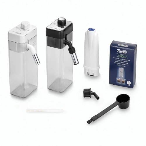 Кофемашина DeLonghi ECAM470.85.MB Два кувшина для молока LatteCrema Hot (горячие напитки), LatteCrema Cool (холодные напитки), фильтр для воды, мерная ложка для молотого кофе с кисточкой, полоска для определения жесткости воды, носик для подачи горячей во