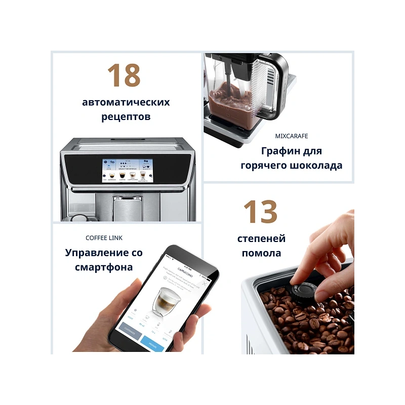 Кофемашина DeLonghi ECAM650.85.MS Графин для молока (2 шт.); узел подачи горячей воды/пара; мерная ложка; форма для льда (2шт.); полоска-индикатор жёсткости воды; фильтр; инструкция