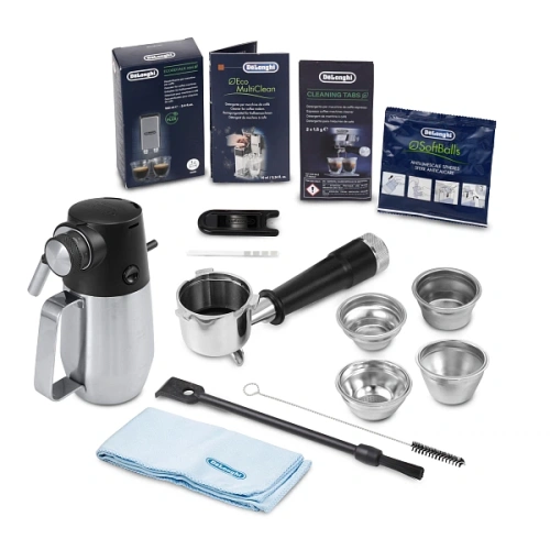 Рожковая кофеварка DeLonghi EC9885.M Кувшин для приготовления латте-крема (питчер+насадка для вспенивания молока LatteCrema Hot ), портафильтр, корзины для портафильтра (4 шт.), средство для удаления накипи, ёршик для очищения отверстий, игла для очистки 