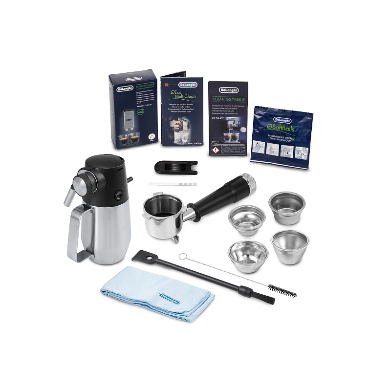 Рожковая кофеварка DeLonghi EC9885.M Кувшин для приготовления латте-крема (питчер+насадка для вспенивания молока LatteCrema Hot ), портафильтр, корзины для портафильтра (4 шт.), средство для удаления накипи, ёршик для очищения отверстий, игла для очистки 